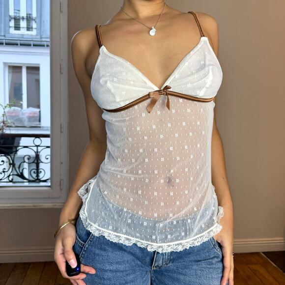 Vintage Y2K Boho Sheer Lace Cami Tank with Brown Trim (S) cottage western - Picture 6 of 6